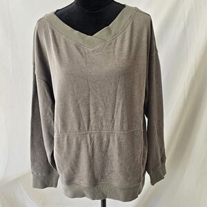 Fabletics women M gray zaylee cross front pullover sweatshirt kangaroo pocket